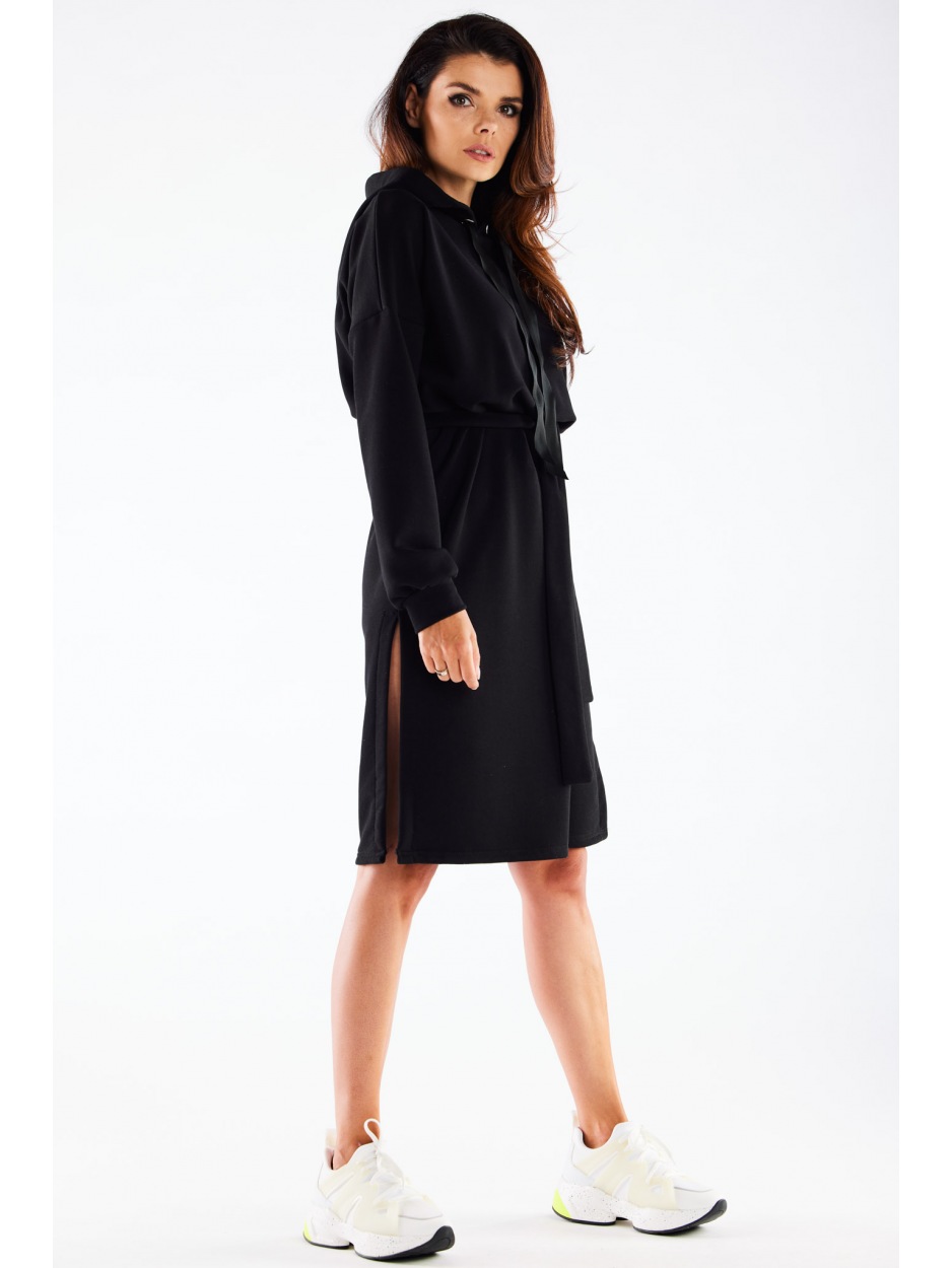 Sukienka dresowa streetwear z kapturem z dresówki, czarna - przód
