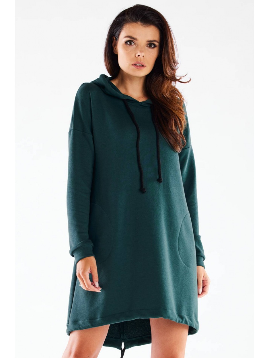 Sukienka dresowa streetwear z kapturem z dresówki, butelkowa zieleń - tył