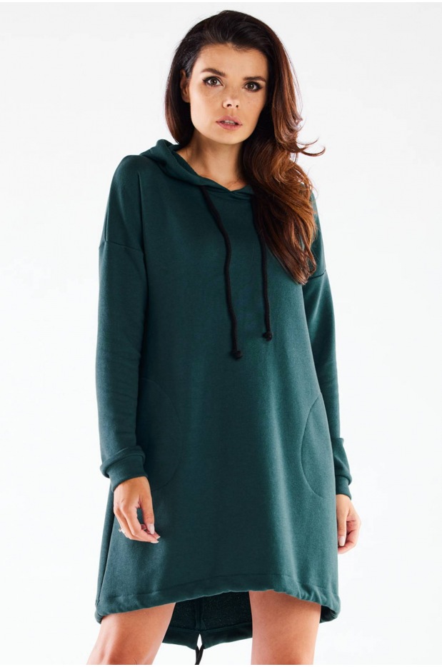 Sukienka dresowa streetwear z kapturem z dresówki, butelkowa zieleń - tył