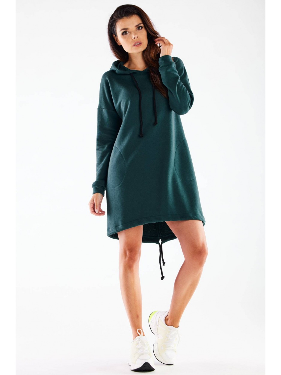 Sukienka dresowa streetwear z kapturem z dresówki, butelkowa zieleń - przód