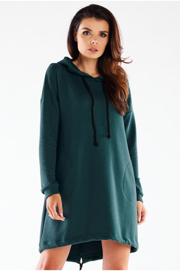 Sukienka dresowa streetwear z kapturem z dresówki, butelkowa zieleń - dół
