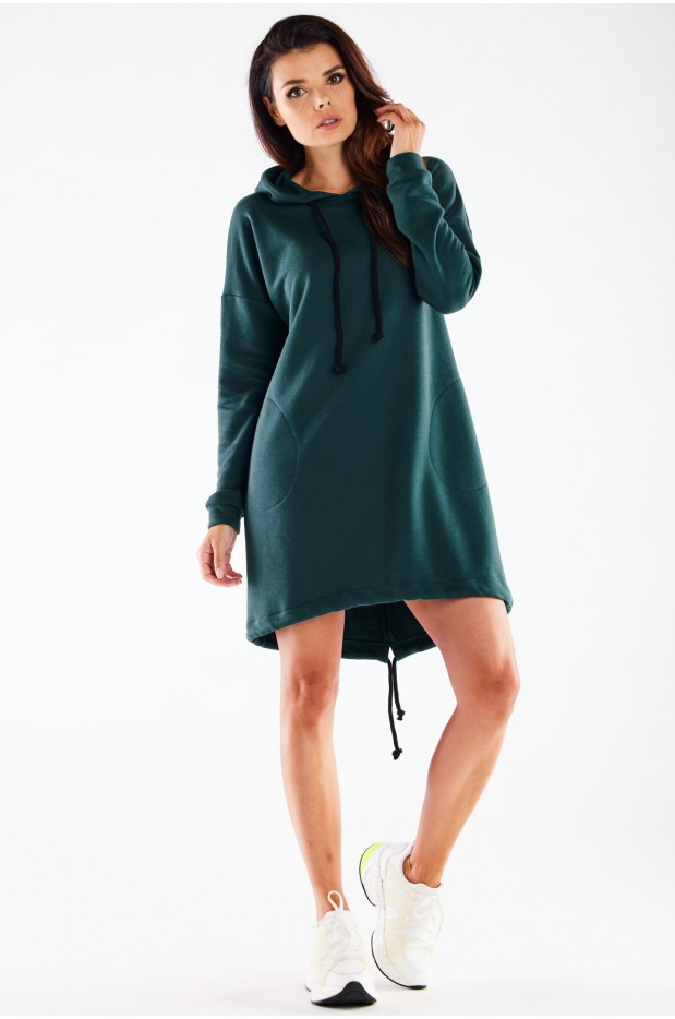 Sukienka dresowa streetwear z kapturem z dresówki, butelkowa zieleń - detal