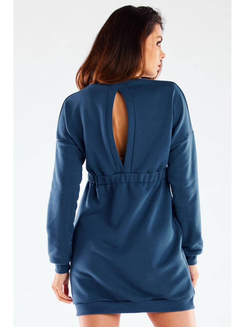 Sukienka mini z dresówki z pęknięciem na plecach, niebieska - przód