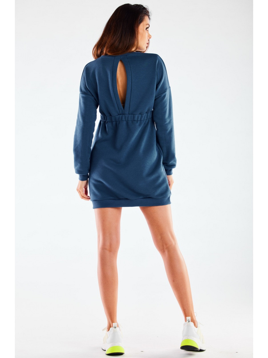 Sukienka mini z dresówki z pęknięciem na plecach, niebieska - tył