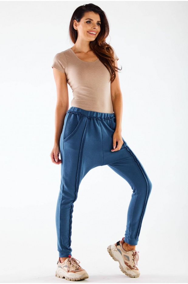 Spodnie streetwear z obniżonym krokiem, niebieskie - tył