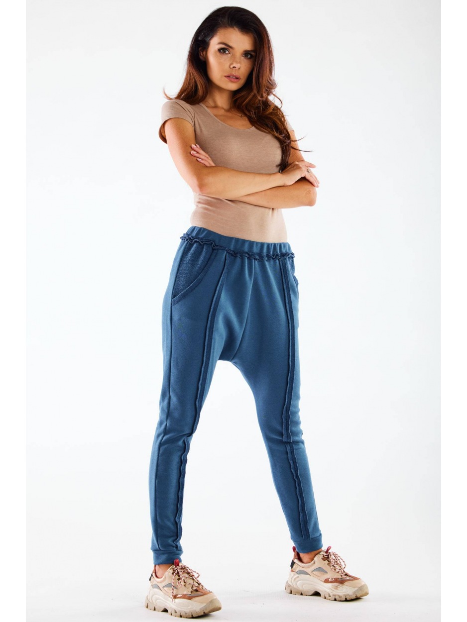 Spodnie streetwear z obniżonym krokiem, niebieskie - przód