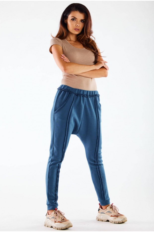 Spodnie streetwear z obniżonym krokiem, niebieskie - przód