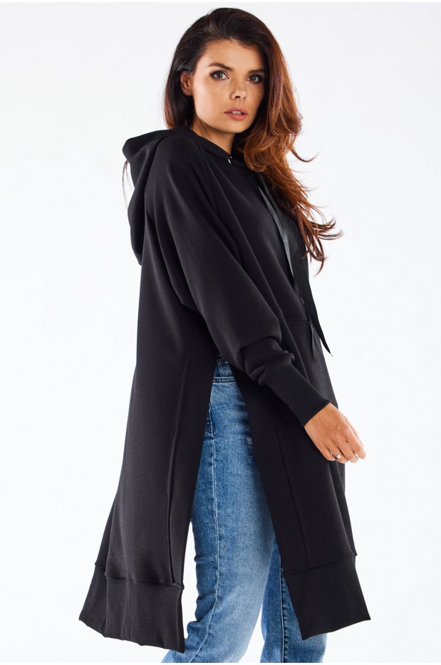 Długa, oversizowa bluza streetwear o prostym kroju, czarna - tył