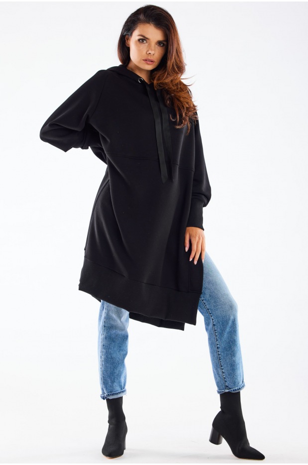 Długa, oversizowa bluza streetwear o prostym kroju, czarna - bok
