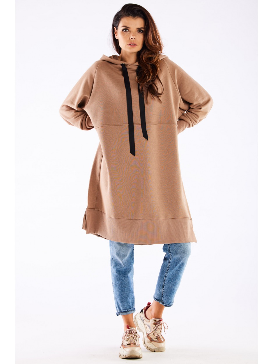 Długa, oversizowa bluza streetwear o prostym kroju, beżowa - bok