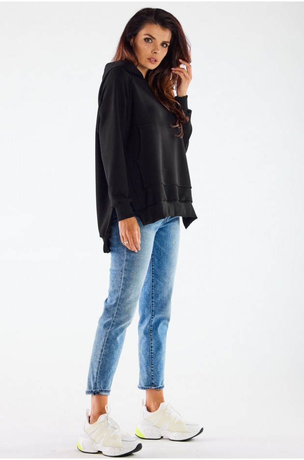 Asymetryczna bluza dresowa z kapturem, czarna - tył