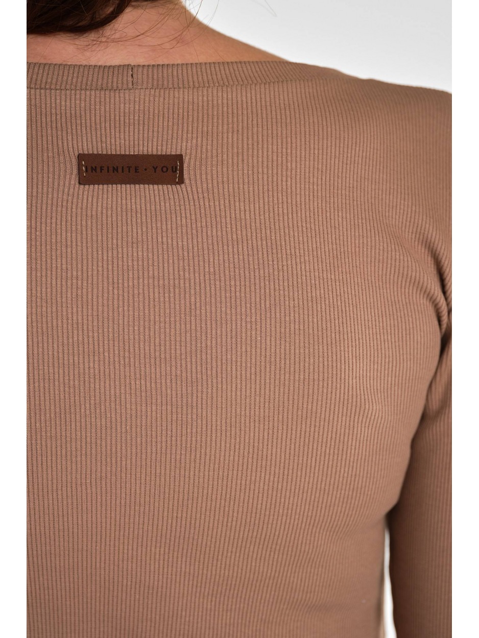 Bawełniana bluzka Basic z dzianiny w prążek, beżowa - dół