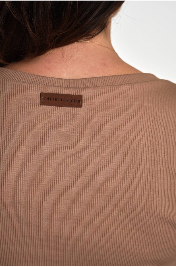 Bawełniana bluzka Basic z dekoltem V z dzianiny w prążek, beżowa - dół