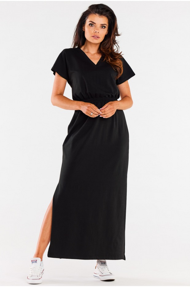 Bawełniana sukienka maxi z dekoltem V i krótkimi rękawami, czarna - tył