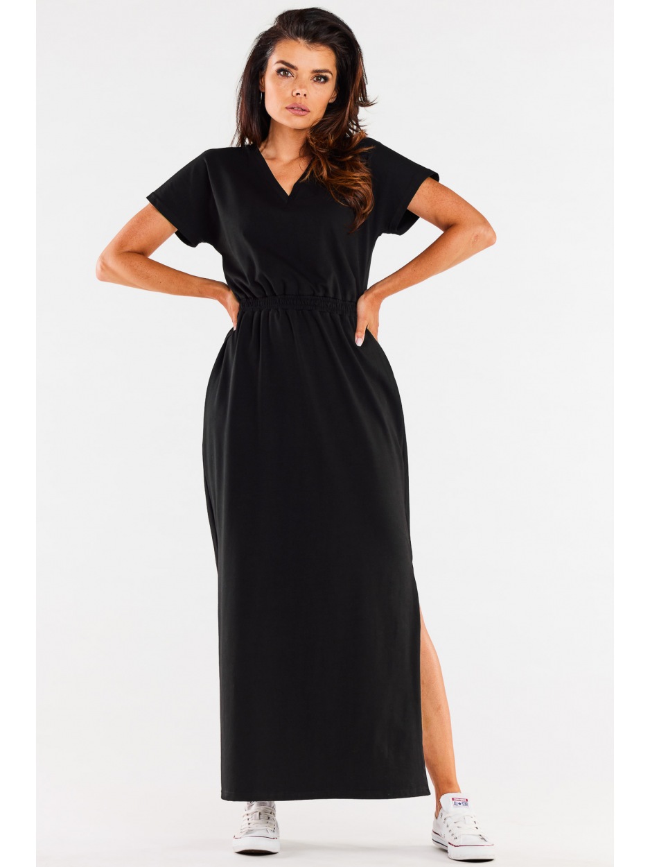 Bawełniana sukienka maxi z dekoltem V i krótkimi rękawami, czarna - przód