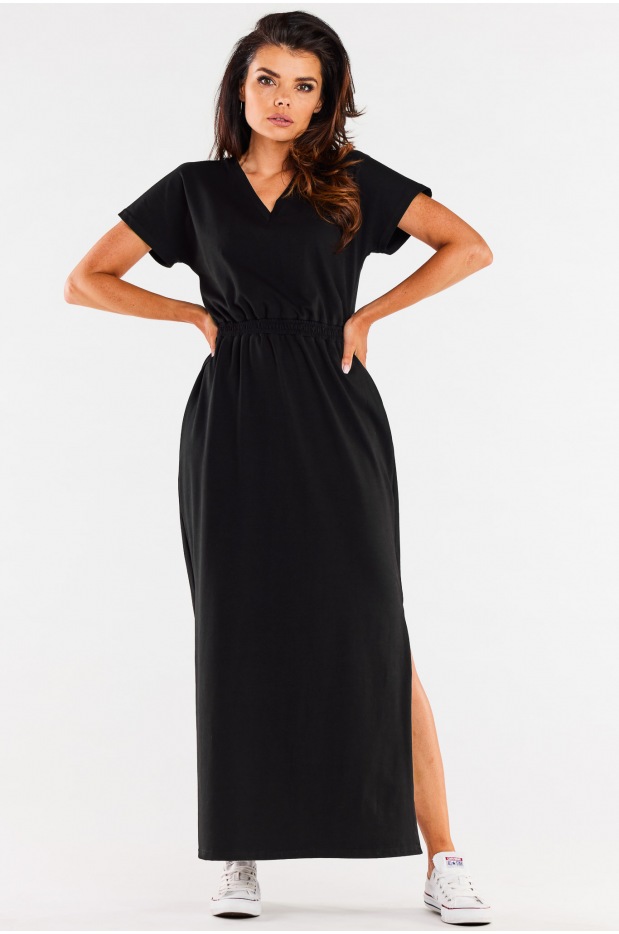 Bawełniana sukienka maxi z dekoltem V i krótkimi rękawami, czarna - przód