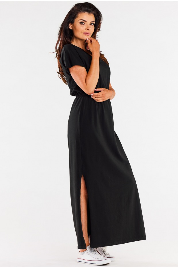 Bawełniana sukienka maxi z dekoltem V i krótkimi rękawami, czarna - bok