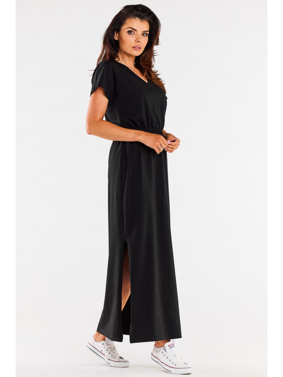 Bawełniana sukienka maxi z dekoltem V i krótkimi rękawami, czarna - lewo