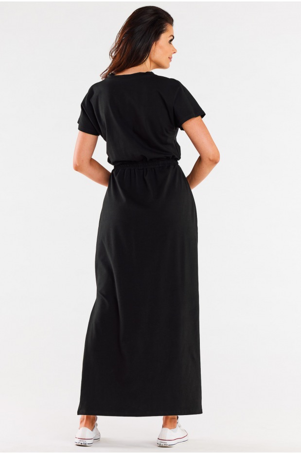 Bawełniana sukienka maxi z dekoltem V i krótkimi rękawami, czarna - prawo