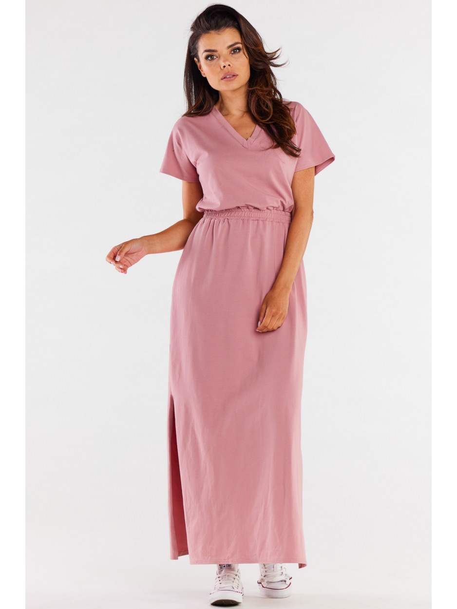 Bawełniana sukienka maxi z dekoltem V i krótkimi rękawami, różowa - tył