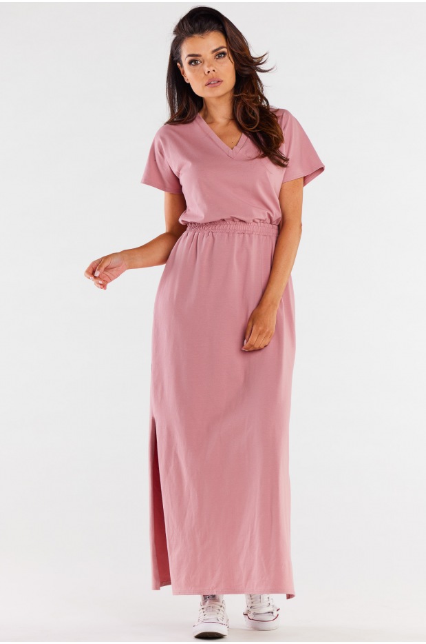 Bawełniana sukienka maxi z dekoltem V i krótkimi rękawami, różowa - tył