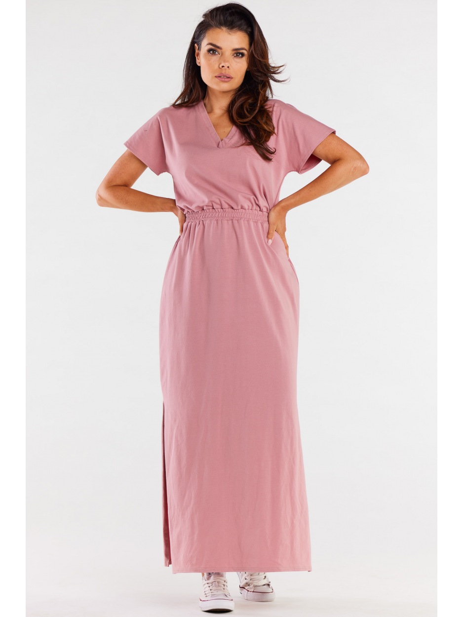 Bawełniana sukienka maxi z dekoltem V i krótkimi rękawami, różowa - przód