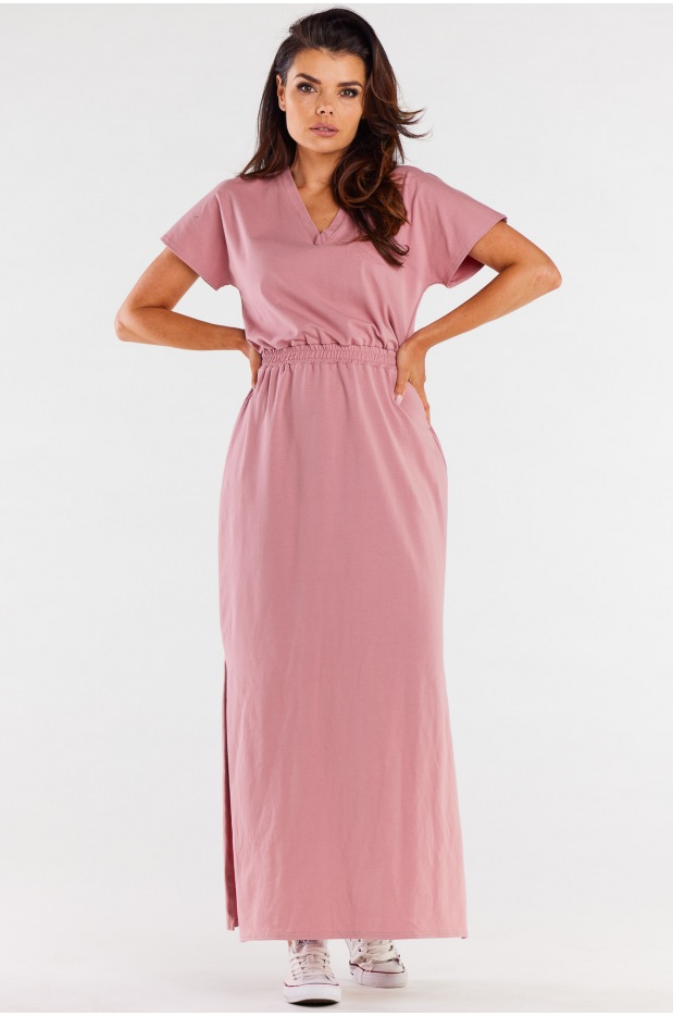 Bawełniana sukienka maxi z dekoltem V i krótkimi rękawami, różowa - przód
