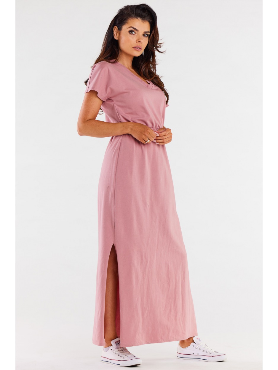 Bawełniana sukienka maxi z dekoltem V i krótkimi rękawami, różowa - bok