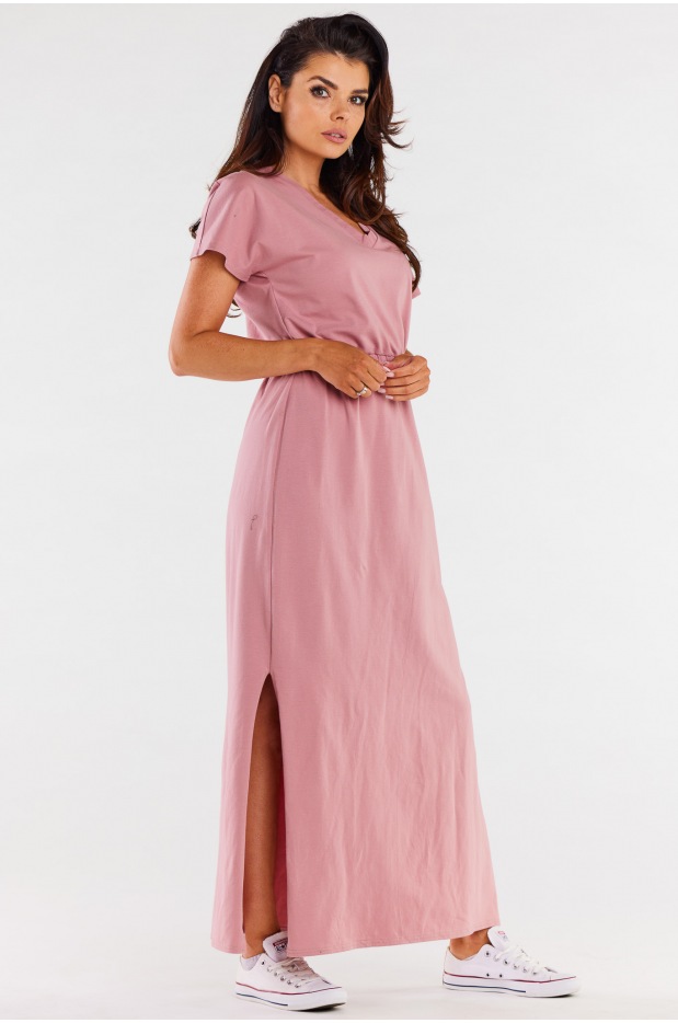 Bawełniana sukienka maxi z dekoltem V i krótkimi rękawami, różowa - bok