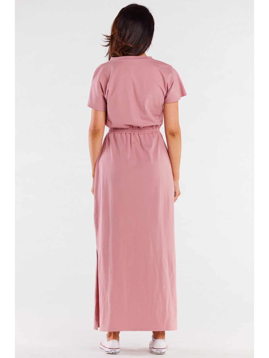 Bawełniana sukienka maxi z dekoltem V i krótkimi rękawami, różowa - lewo
