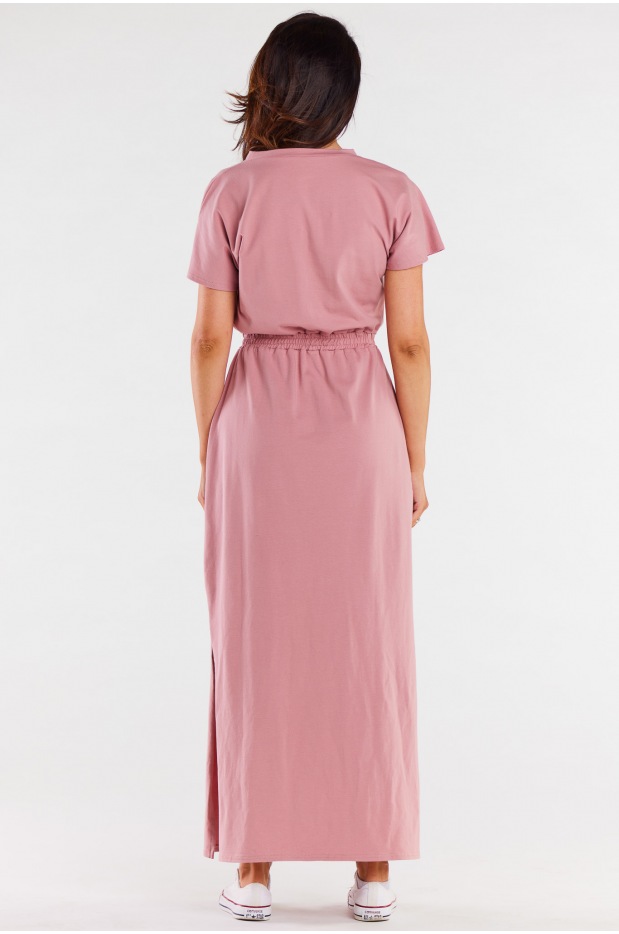 Bawełniana sukienka maxi z dekoltem V i krótkimi rękawami, różowa - lewo