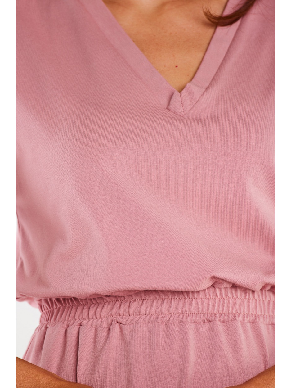Bawełniana sukienka maxi z dekoltem V i krótkimi rękawami, różowa - prawo