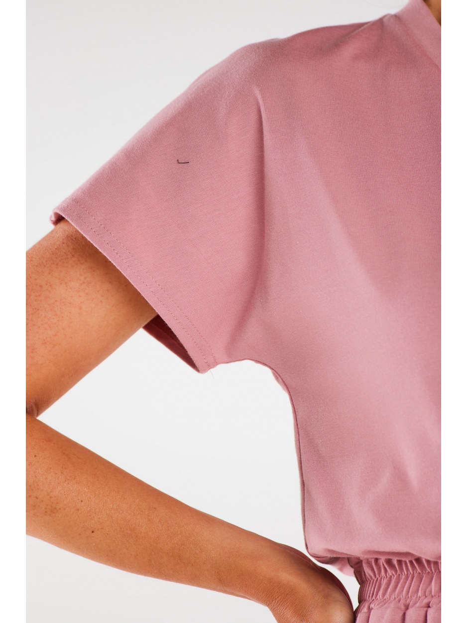 Bawełniana sukienka maxi z dekoltem V i krótkimi rękawami, różowa - góra