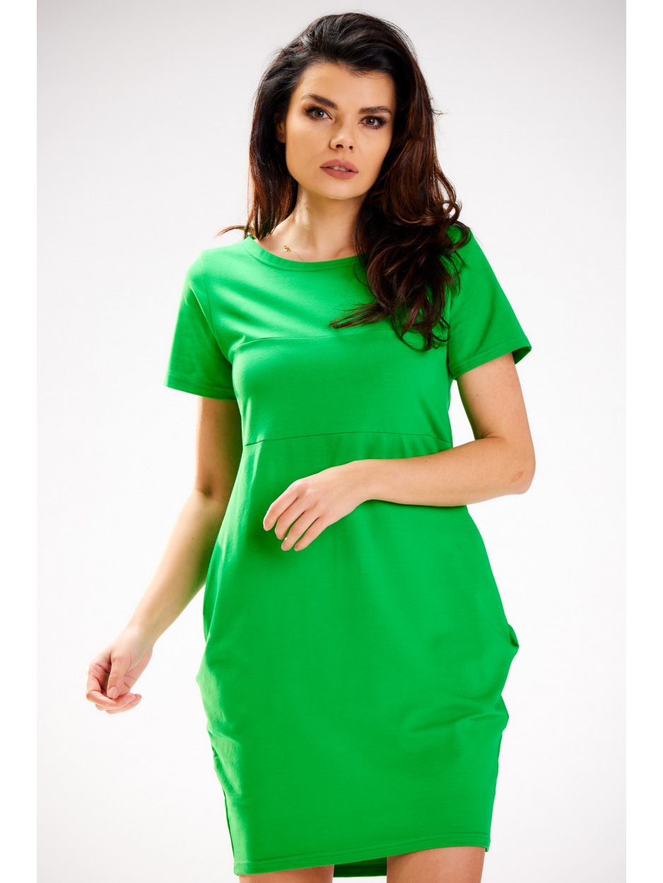 Bawełniana sukienka bombka z krótkimi rękawami, zielona - tył
