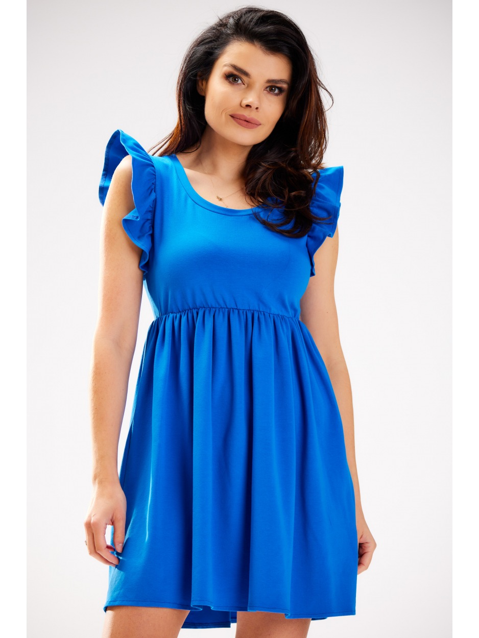 Rozkloszowana sukienka mini z bawełnianej dzianiny, niebieska - tył