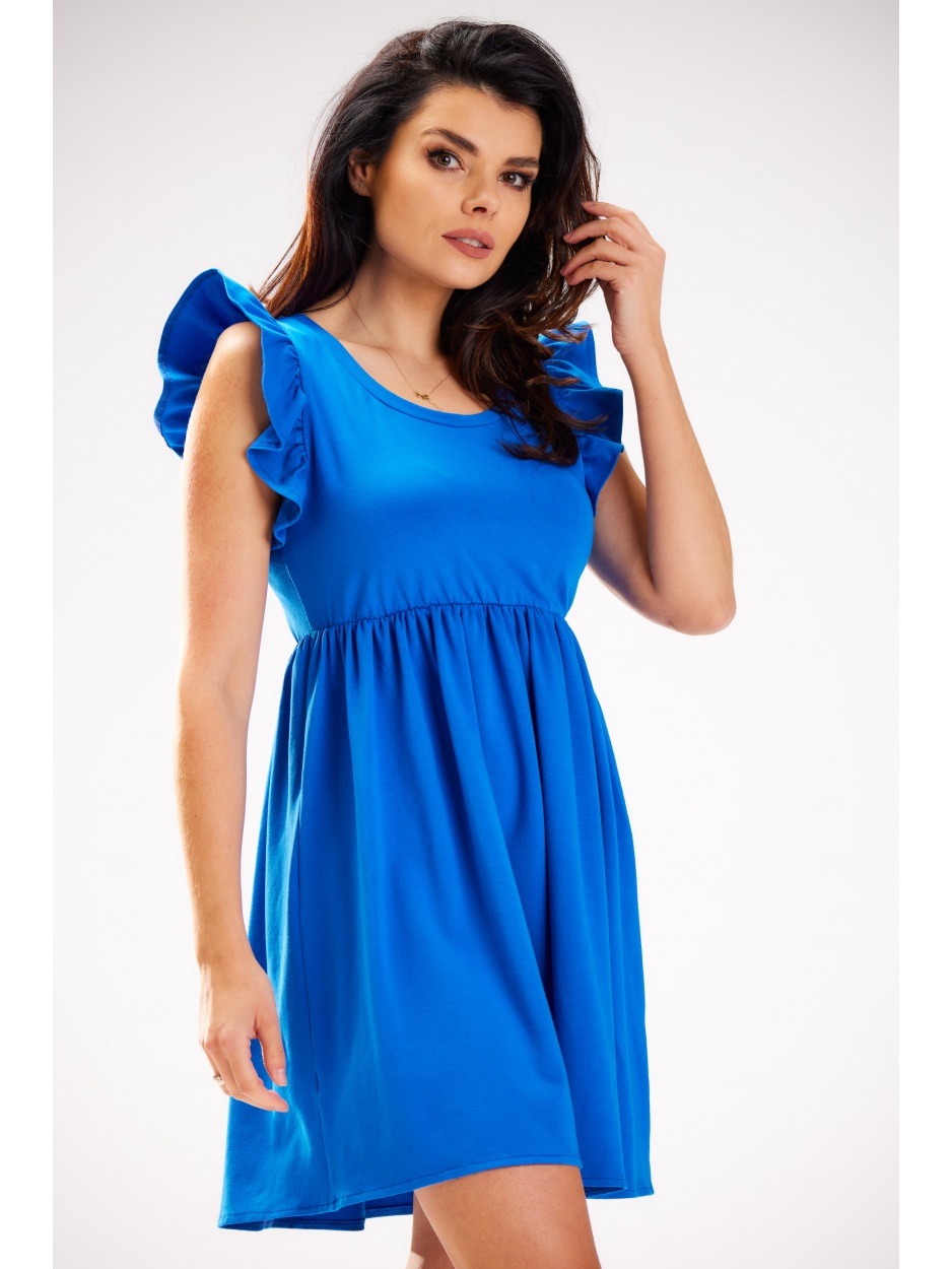 Rozkloszowana sukienka mini z bawełnianej dzianiny, niebieska - przód