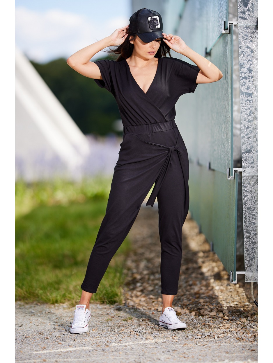 Bawełniany kombinezon w stylu streetwear z krótkimi rękawami, czarny - tył