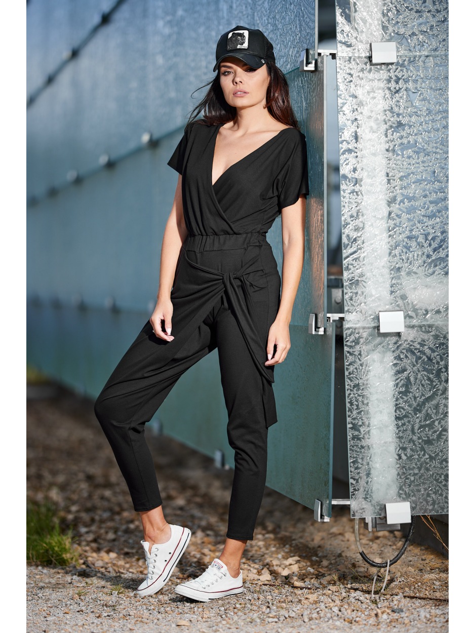 Bawełniany kombinezon w stylu streetwear z krótkimi rękawami, czarny - bok