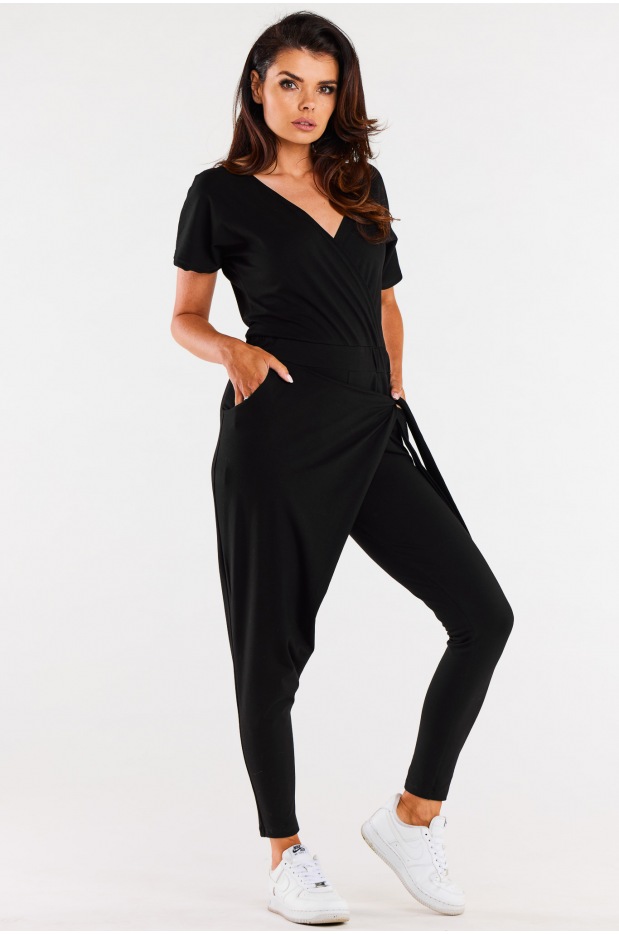 Bawełniany kombinezon w stylu streetwear z krótkimi rękawami, czarny - lewo