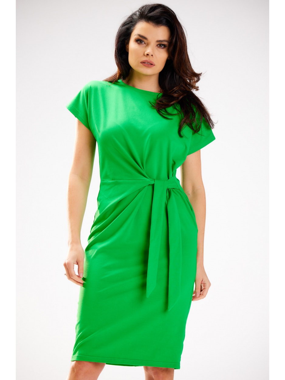 Kimonowa sukienka midi przewiązywana w talii, zielona - dół