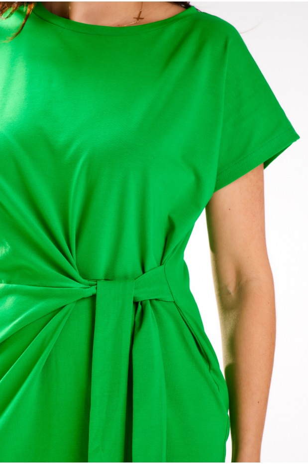 Kimonowa sukienka midi przewiązywana w talii, zielona - detal