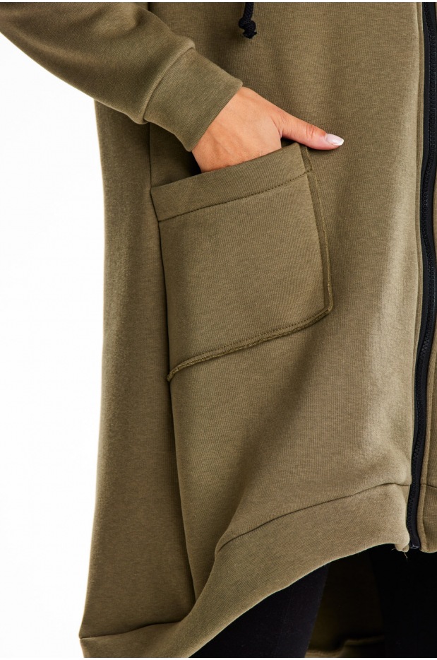 Długa bluza na zamek z kapturem, khaki - detal