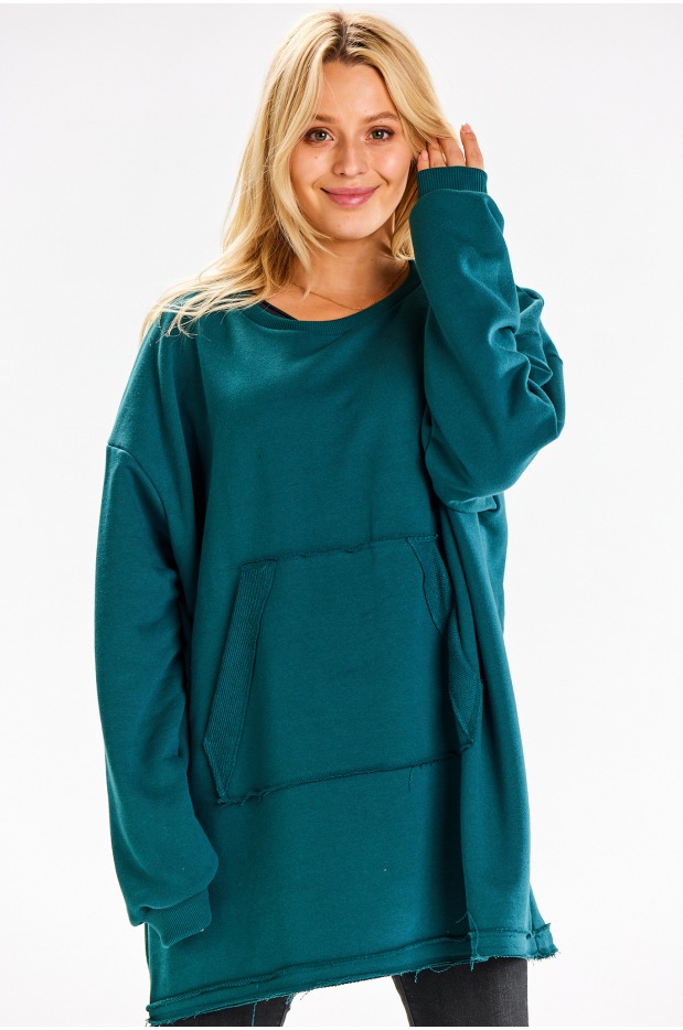 Sukienka mini, oversize z kieszenią, zielona - tył