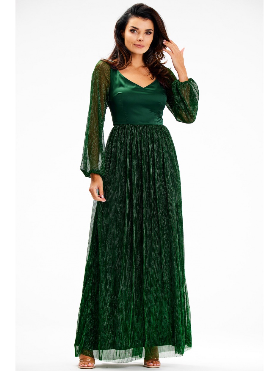 Sukienka maxi z satyny i tiulu z dekoltem V i długimi rękawami – butelkowa zieleń - lewo
