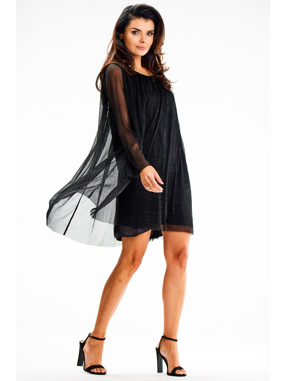 Sukienka trapezowa mini z szerokimi, długimi rękawami, czarna - tył