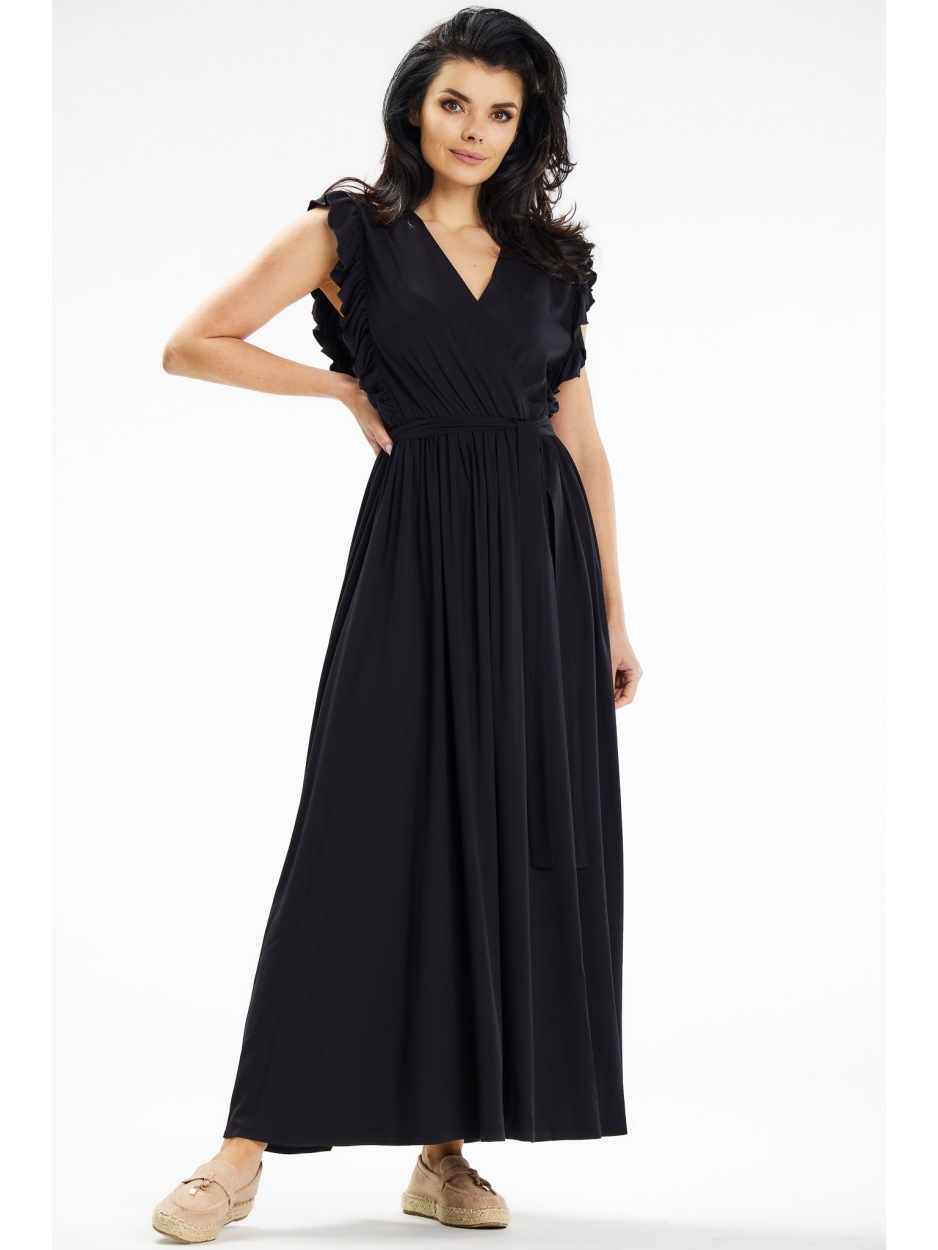 Kopertowa sukienka maxi wiązana w pasie, czarna - tył