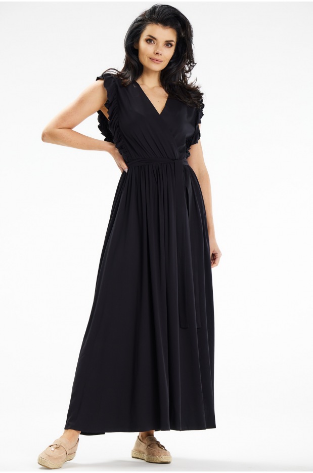 Kopertowa sukienka maxi wiązana w pasie, czarna - tył
