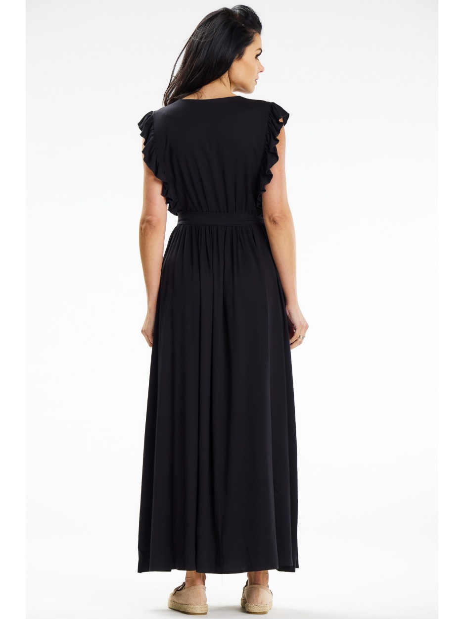 Kopertowa sukienka maxi wiązana w pasie, czarna - lewo