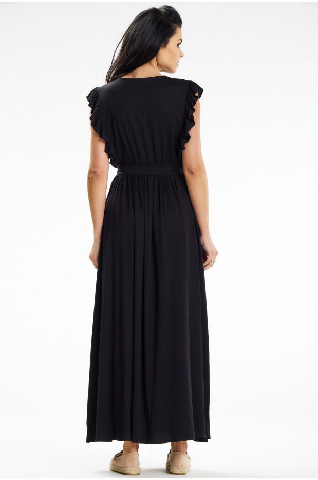 Kopertowa sukienka maxi wiązana w pasie, czarna - lewo