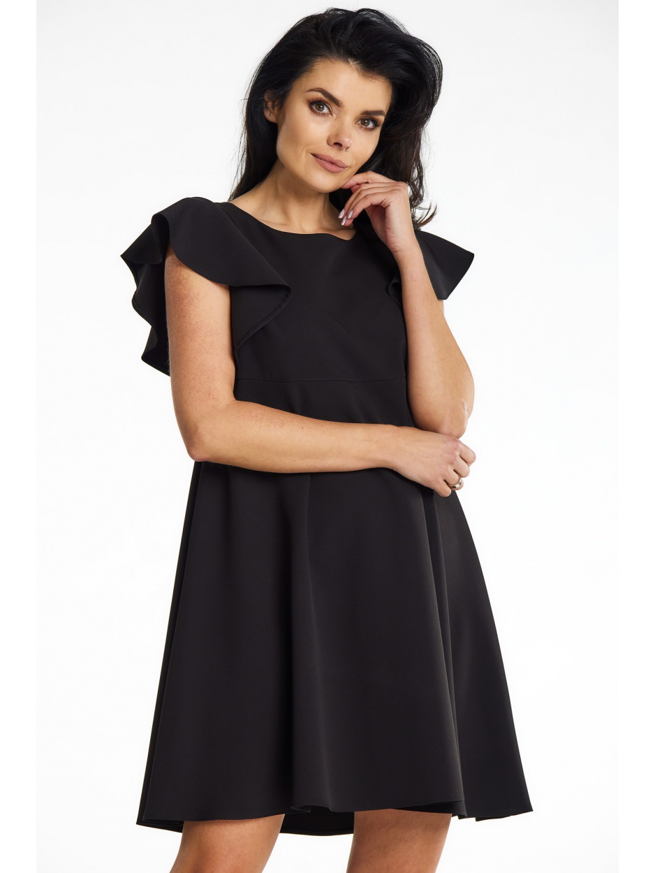 Trapezowa sukienka mini z rękawem falbaną, czarna - tył